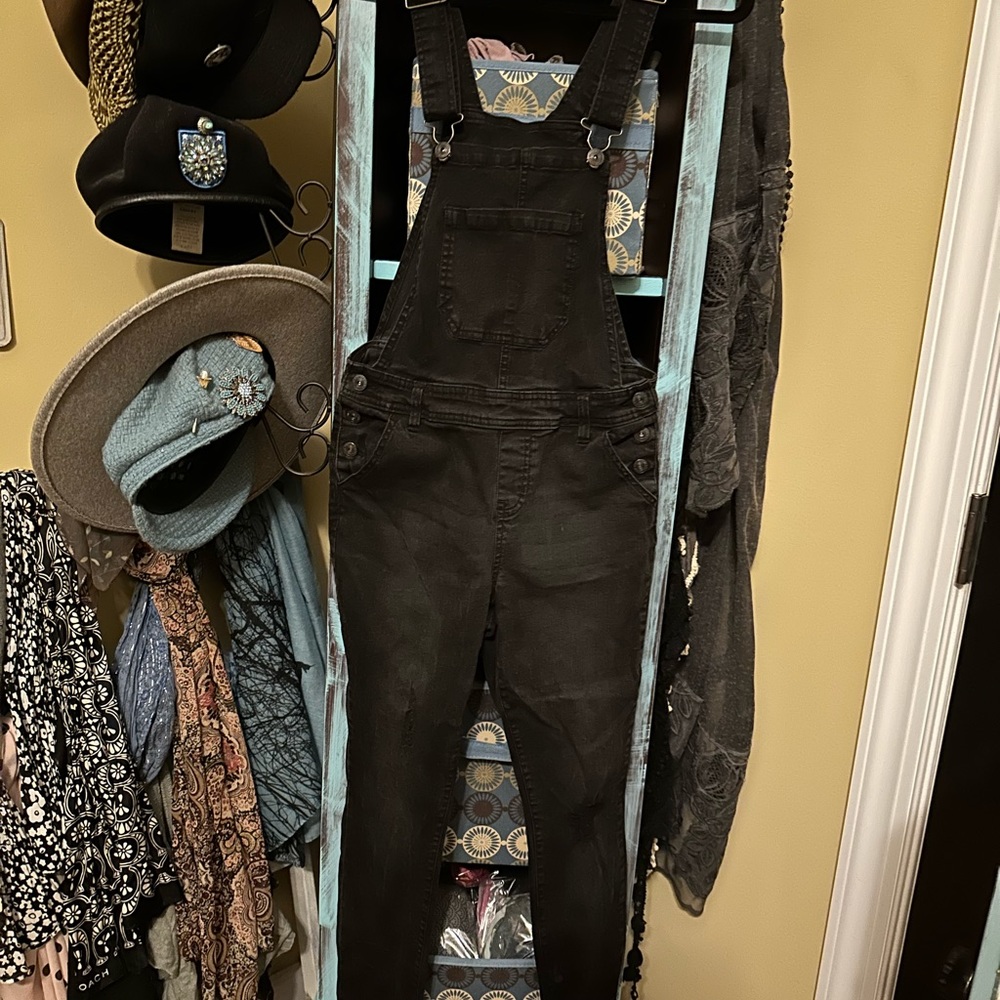Stretchy slim fit black overalls. Size M. Very cute on. Distressed in spots.